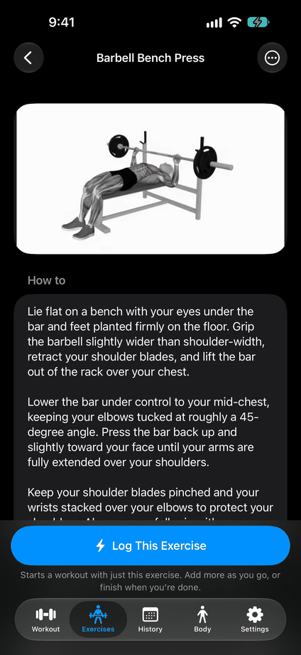 Exercise page with a demo video above step-by-step instructions