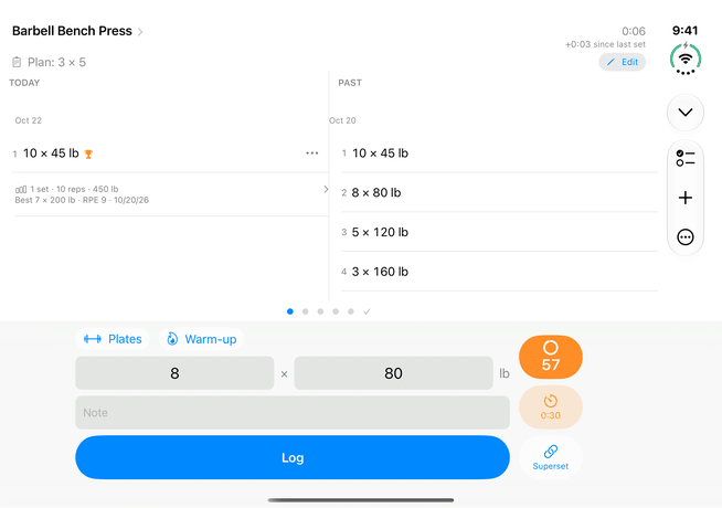 The Gym Log+ logging screen filling the iPhone Duo's inner display edge to edge