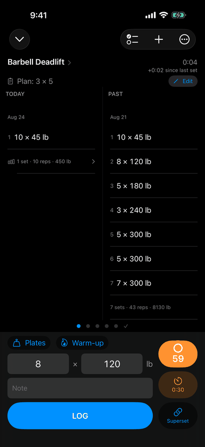 Logging a set: previous workout beside today's, one LOG button