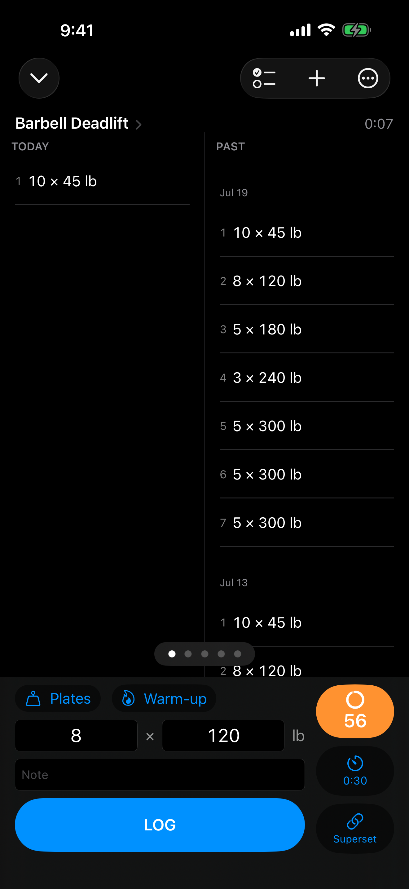 Logging a set: previous workout beside today's, one LOG button