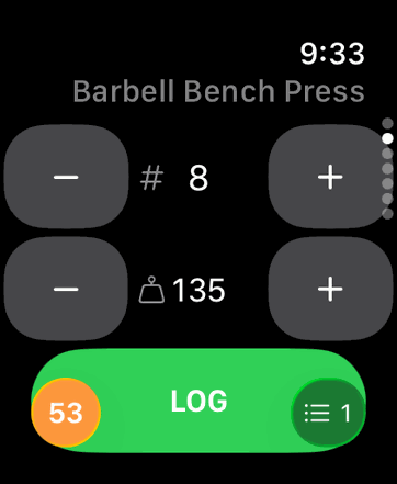 Apple Watch logging screen with rest timer