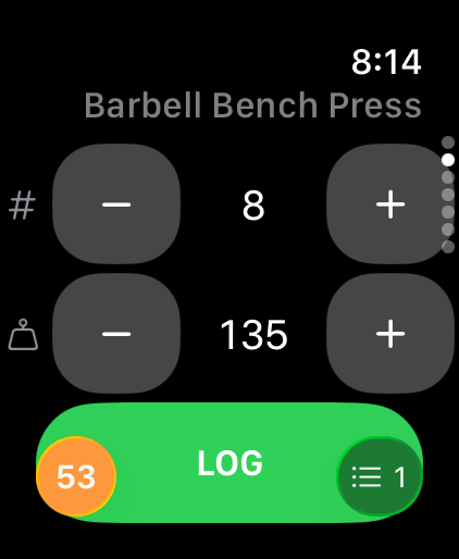 Apple Watch logging screen with rest timer